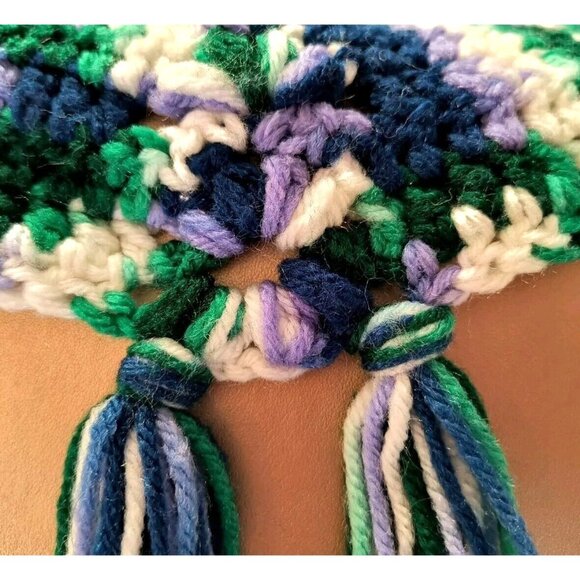 Afghan Blanket Heathered Green Blue Purple and White w/ Tassels, EUC - Picture 8 of 10